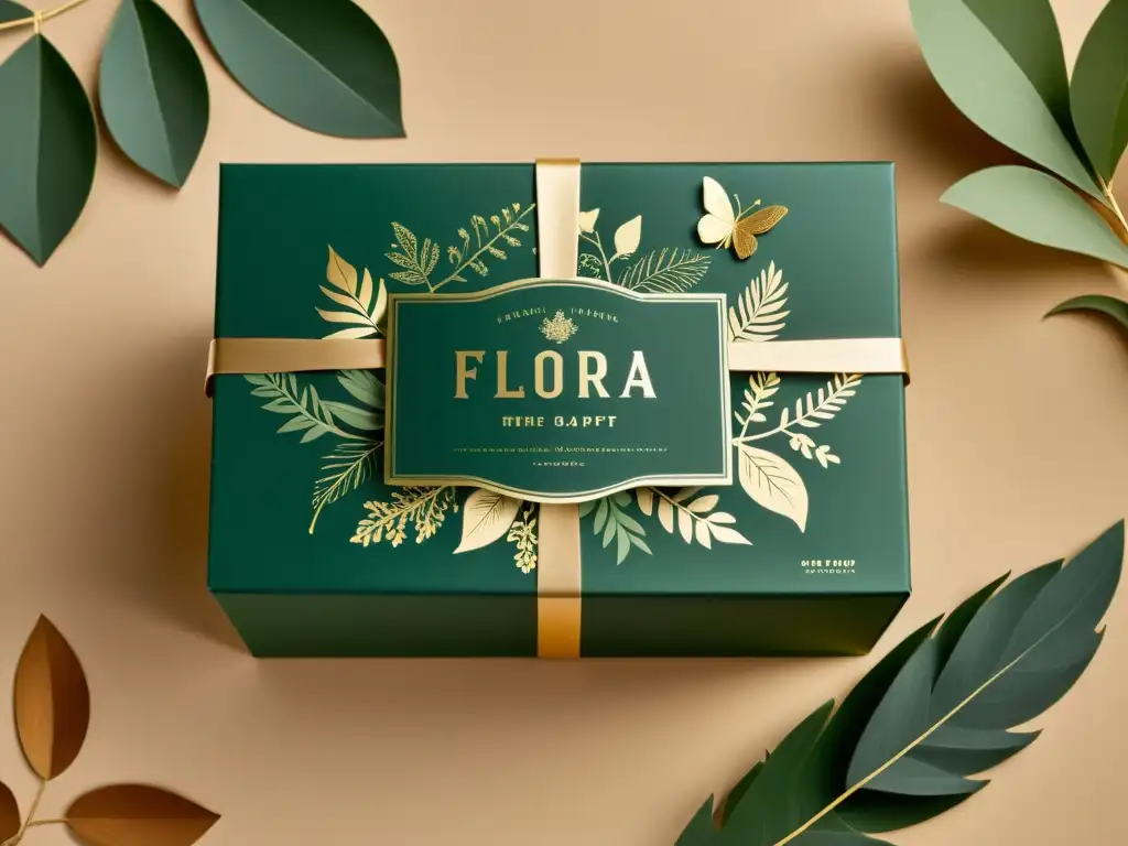Diseño de empaques de papel vintage con ilustraciones de flora y fauna entrelazadas, tipografía elegante y toques de oro