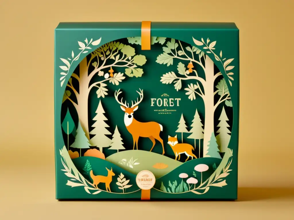 Diseño de empaques de papel vintage con ilustraciones detalladas de escena forestal, evocando nostalgia y encanto de los cuentos antiguos