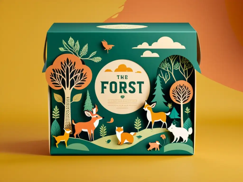 Diseño de empaques de papel vintage con ilustraciones detalladas de escena forestal y elementos narrativos, evocando nostalgia y encanto