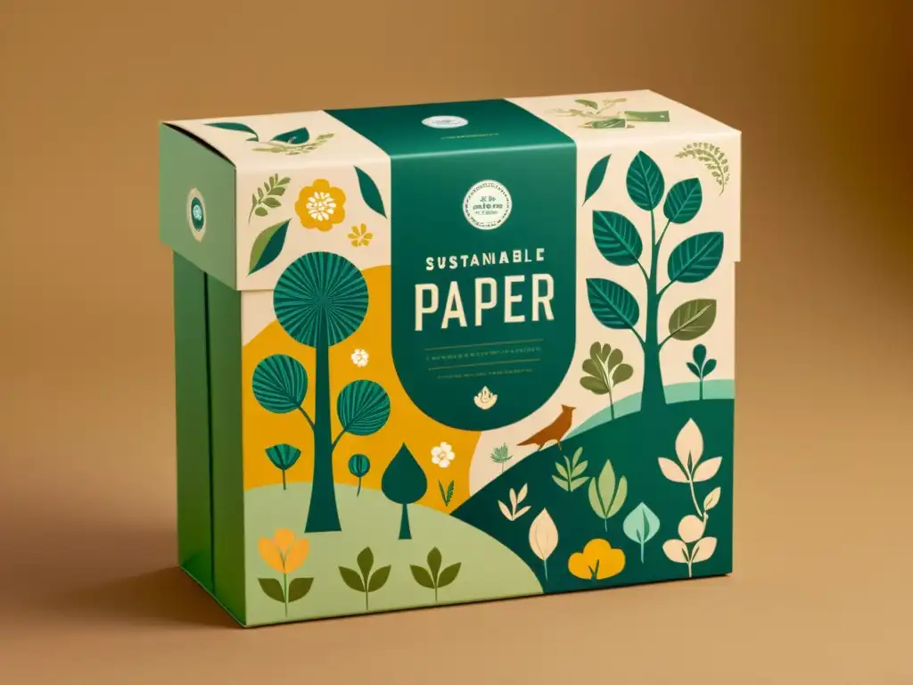 Un diseño vintage de embalajes de papel ecológicos con motivos naturales en tonos tierra, resaltando la creatividad y conciencia ambiental