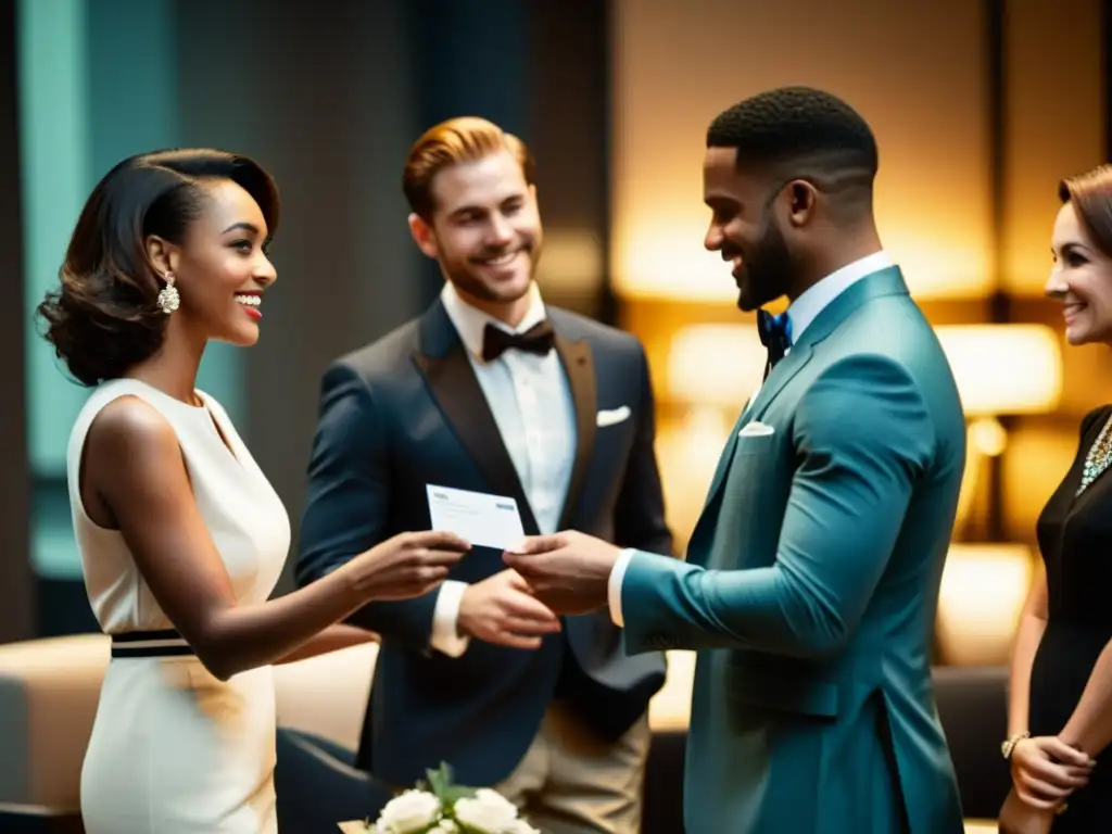 En una elegante sala, un profesional intercambia tarjetas de visita en un evento de networking