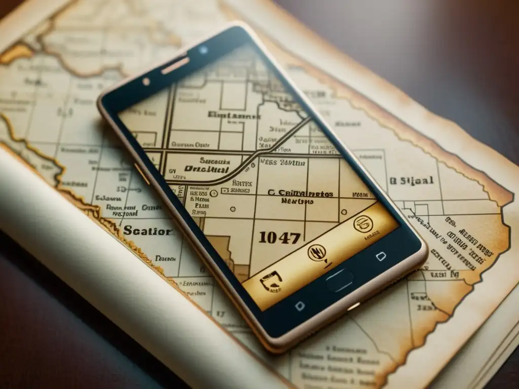 Un elegante smartphone integra una pantalla de papel electrónico mostrando un mapa antiguo, evocando nostalgia y modernidad