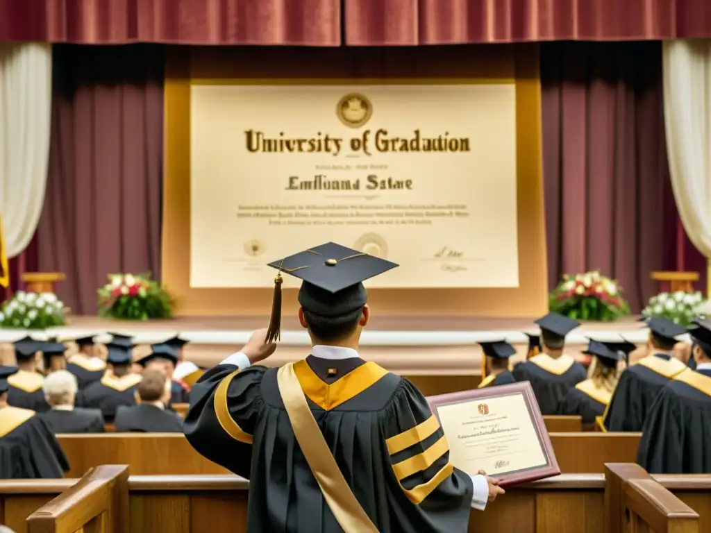 Emotiva ceremonia de graduación universitaria con importancia en papel, certificados y títulos, en tonos sepia y detalle exquisito