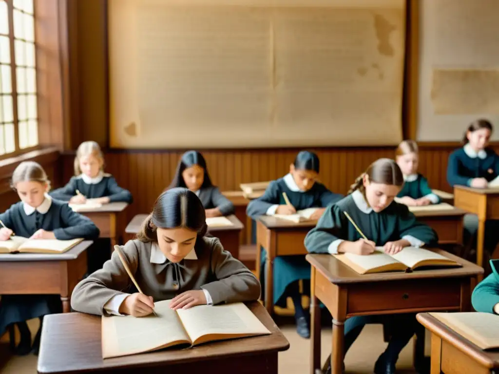 Una emotiva imagen vintage de un aula del siglo XIX llena de estudiantes usando papel como recurso educativo