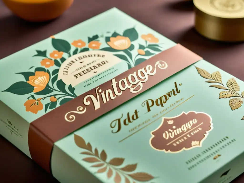 Empaque de papel vintage con detalles ornamentados y florales, evocando elegancia y nostalgia