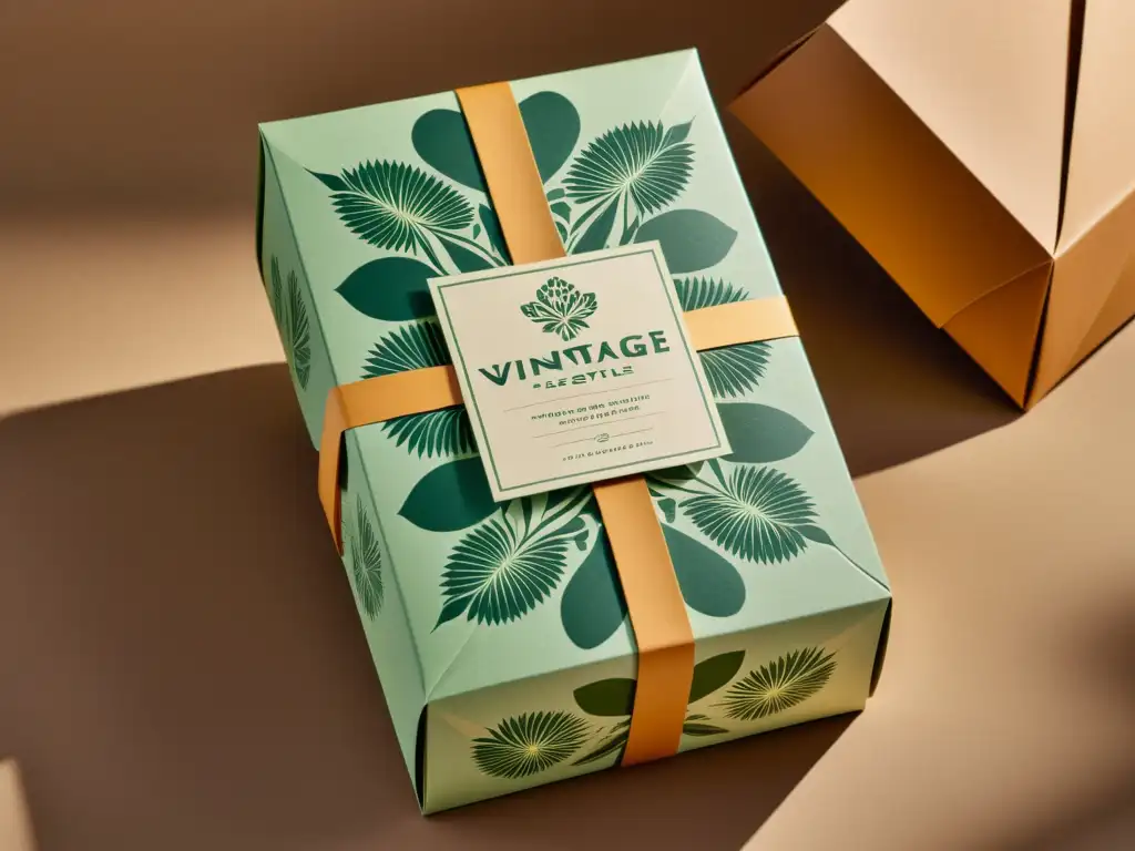 Empaques de papel sostenible con diseño vintage y detalles florales, evocando elegancia y conciencia ambiental en un entorno rústico y eco-friendly