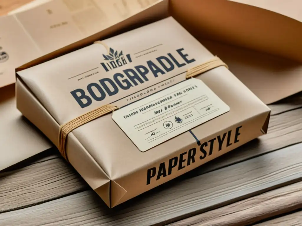 Envases de papel biodegradable apilados con encanto vintage sobre mesa rústica, evocando sostenibilidad y conciencia ambiental