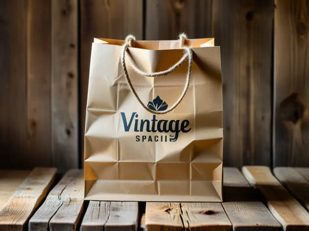 Envases de papel biodegradable: Detalle de una bolsa vintage con tonos naturales y estilo artesanal, sobre una superficie de madera rústica