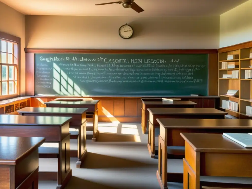 Escena de aula vintage con escritorio de maestro de madera, pupitres y sillas