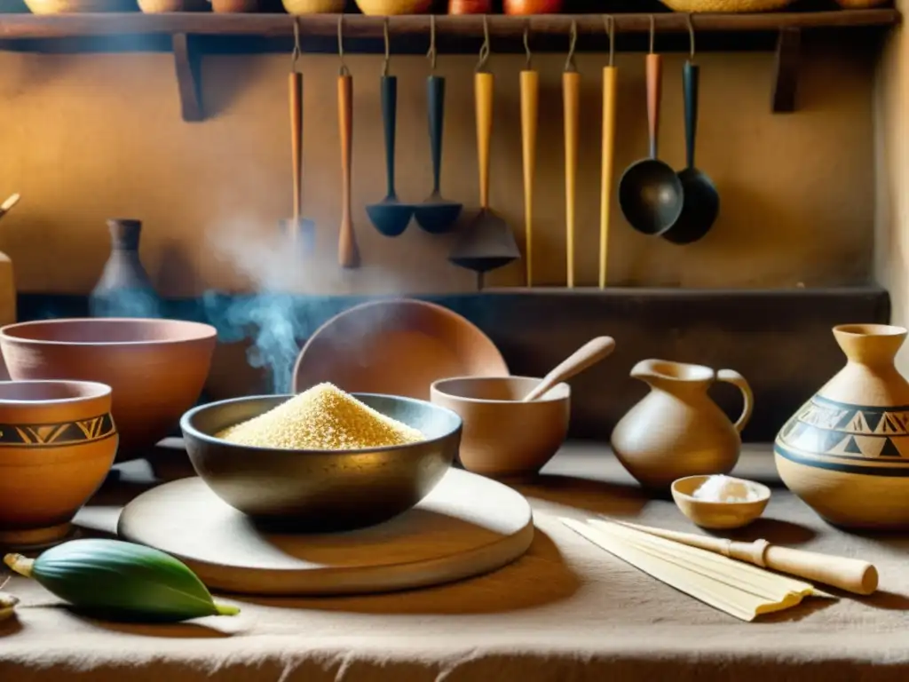 Una escena de cocina precolombina detallada en 8k, destaca el uso del papel en la preparación de alimentos