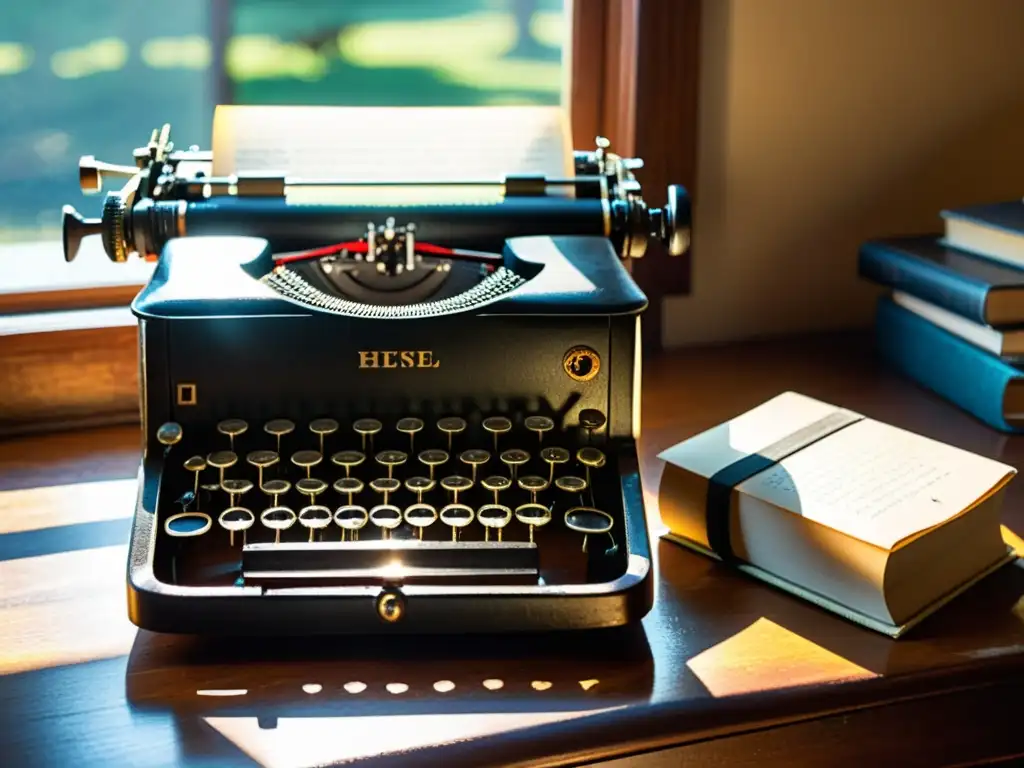 Una escena evocadora: una antigua máquina de escribir junto a un diario en un escritorio de madera