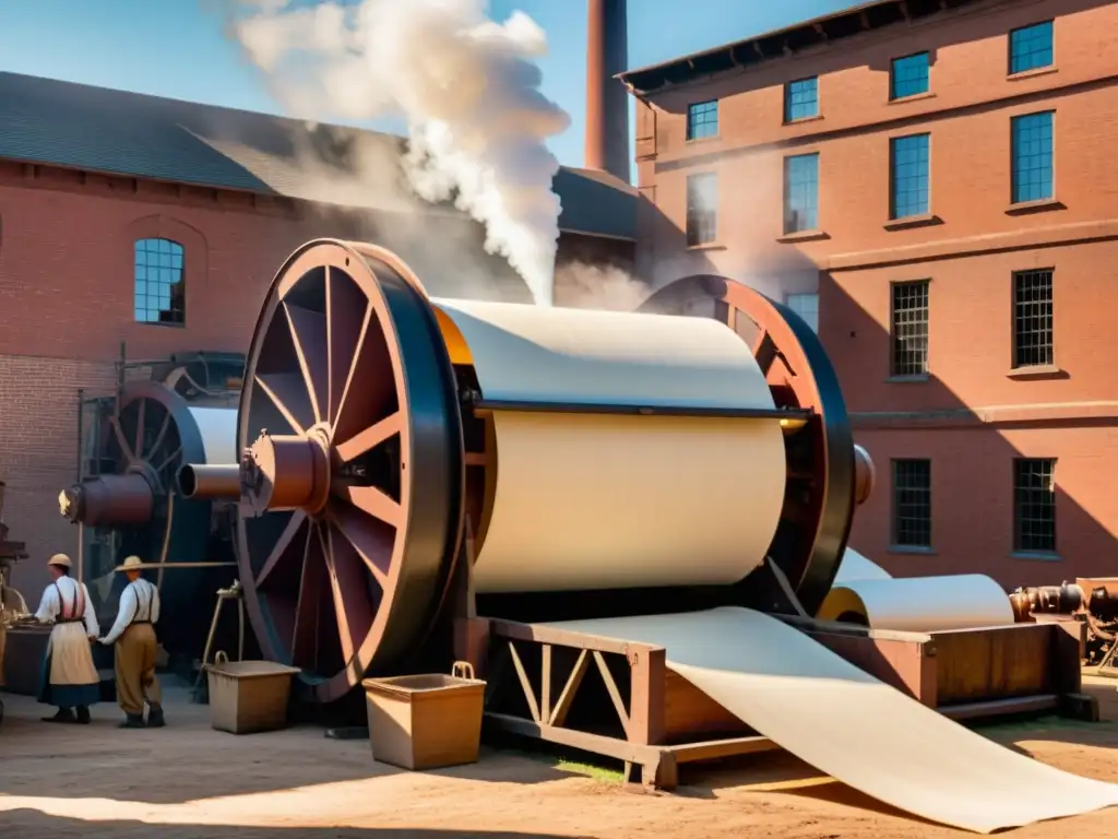 Escena de fábrica de papel vintage con maquinaria de madera, trabajadores y avances en la fabricación de papel