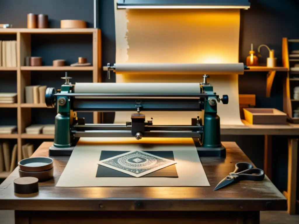 Una escena mágica en un taller de grabado: una prensa vintage iluminada con detalle, mientras un artista inspecciona una obra de arte en papel