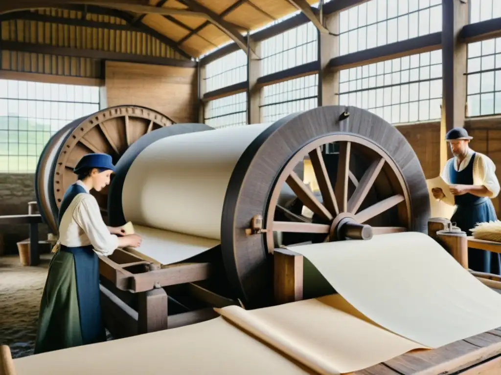 Escena de un molino de papel medieval con trabajadores manufacturando papel a mano, reflejando la evolución del papel en la historia