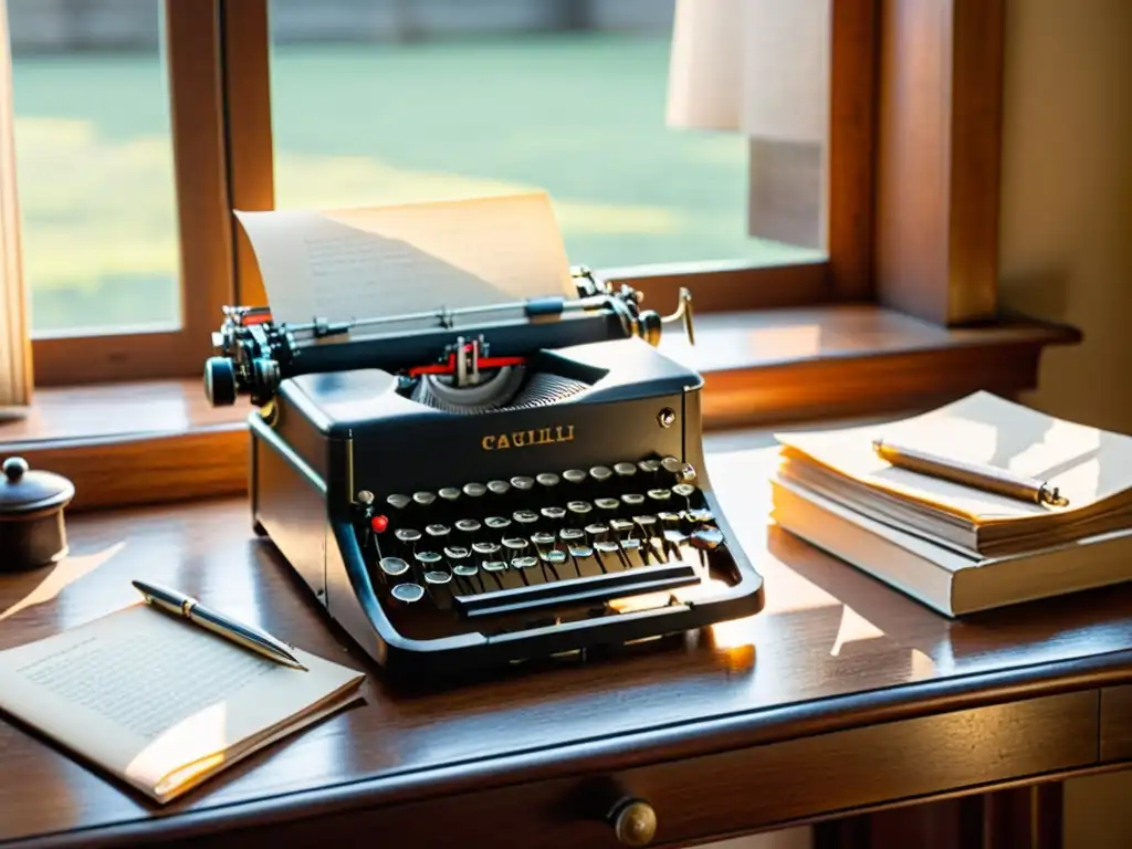 Una escena nostálgica: una antigua máquina de escribir reposa en un escritorio de madera, junto a un montón de papel envejecido