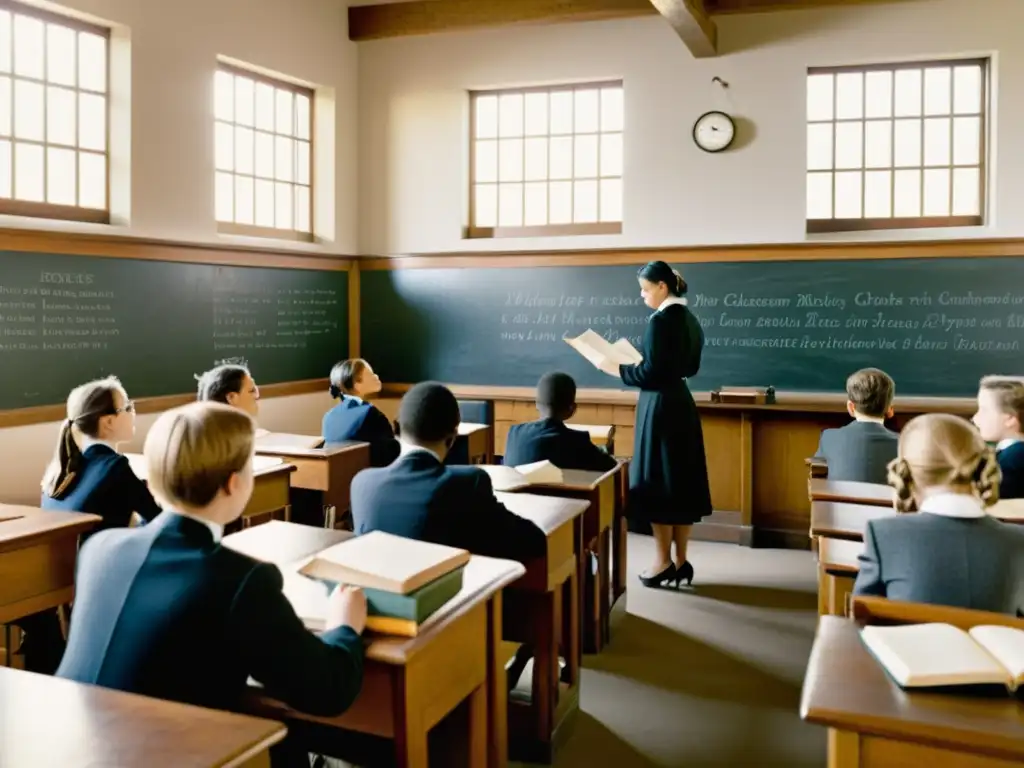 Una escena nostálgica de un aula de clase tradicional en blanco y negro, con estudiantes y profesor trabajando