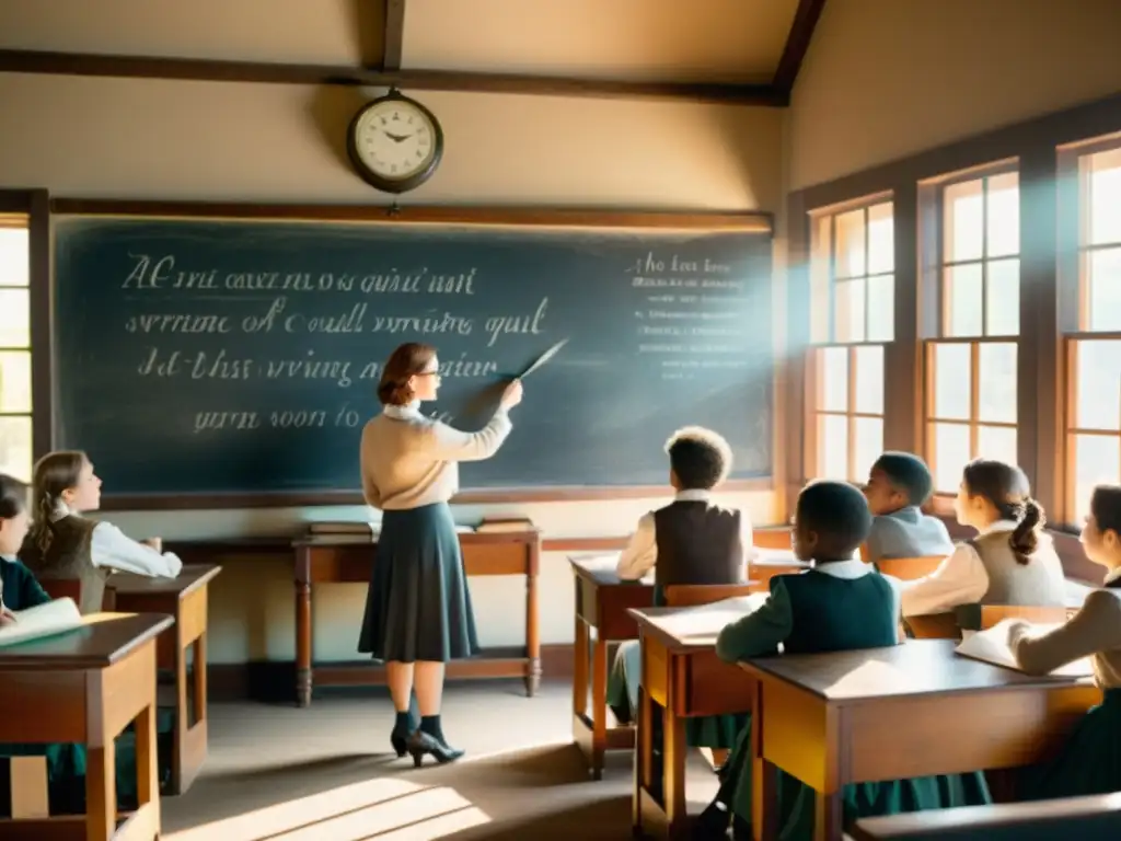 Una escena nostálgica de aula vintage, con estudiantes escribiendo en papel con plumas, resaltando el impacto del papel en educación