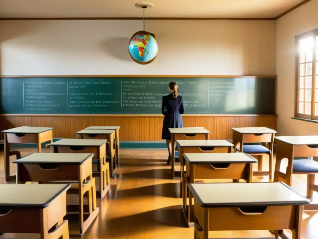 Una escena nostálgica de aula vintage con estudiantes tomando apuntes y un docente escribiendo en la pizarra