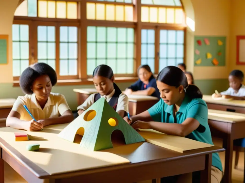 Una escena nostálgica de aula vintage con estudiantes y maestro disfrutando de un proyecto de papel maché en la educación artística