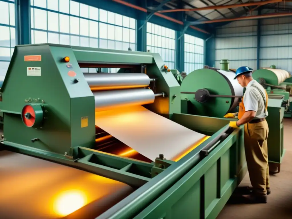 Escena nostálgica de una fábrica de papel vintage en pleno funcionamiento, con trabajadores utilizando maquinaria antigua para producir papel reciclado premium, evocando historia, artesanía y conciencia ambiental