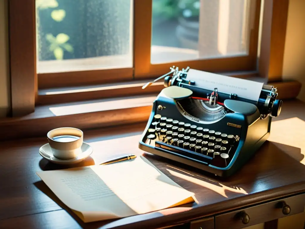 Una escena nostálgica con una máquina de escribir vintage, papeles envejecidos, gafas redondas y una pluma, iluminada por la cálida luz matutina