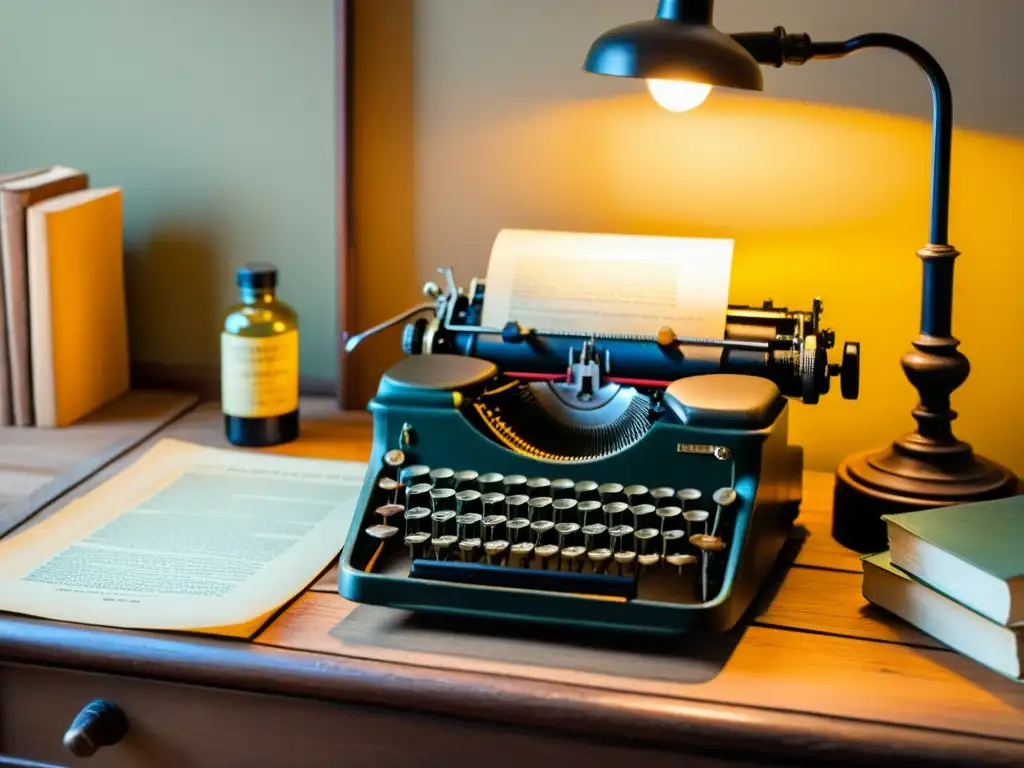 Una escena nostálgica con una máquina de escribir vintage, papeles amarillentos y antiguas botellas de tinta