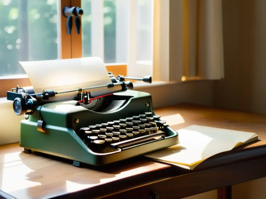 Una escena nostálgica con una máquina de escribir vintage, libros antiguos y gafas de lectura, evocando 'Usos insólitos del papel en la era digital'