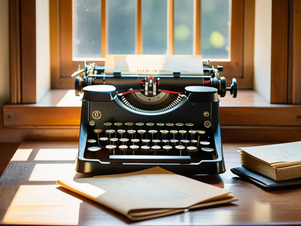 Una escena nostálgica de una máquina de escribir vintage en un escritorio de madera, bañada por la cálida luz de la mañana