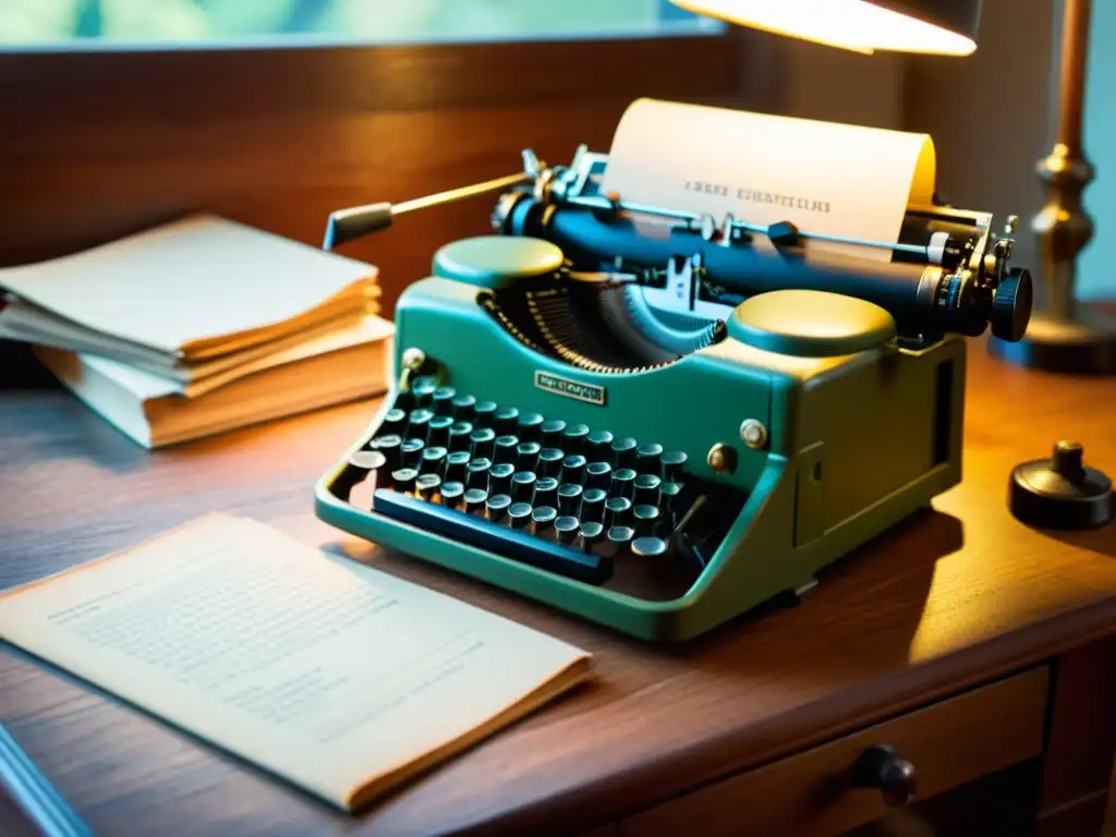 Una escena nostálgica de una máquina de escribir vintage en un escritorio de madera, rodeada de papel envejecido, plumas antiguas y gafas de lectura