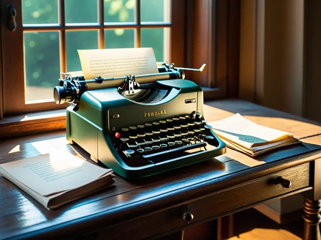 Máquina de escribir vintage iluminada por la mañana Una escena nostálgica: una máquina de escribir vintage sobre un escritorio de madera envejecida, con papeles envejecidos a un lado