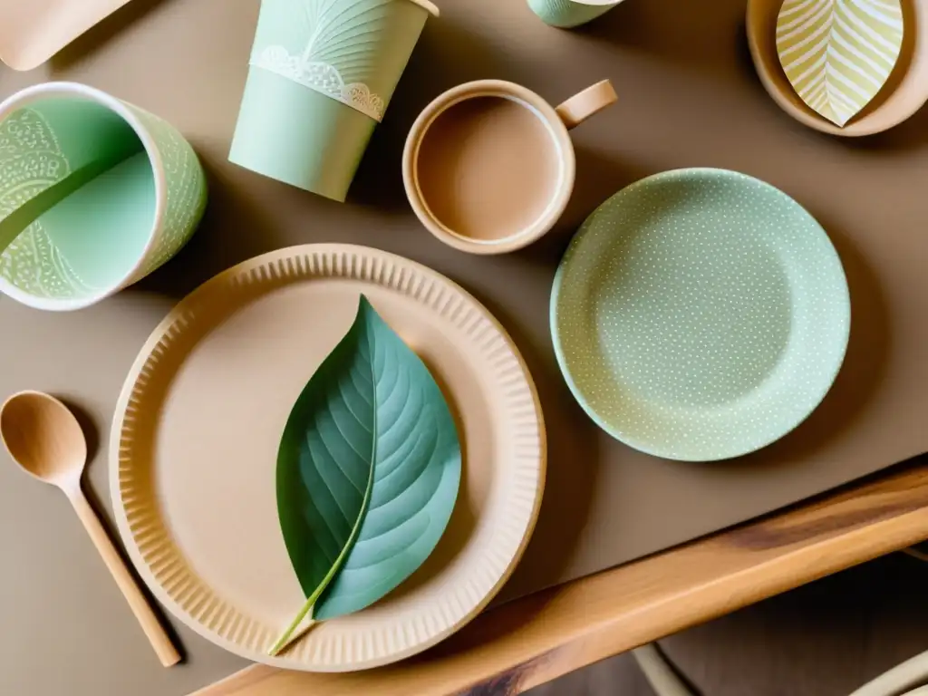 Una escena nostálgica de productos de papel biodegradable sostenible en una mesa rústica, bañada por una cálida luz natural