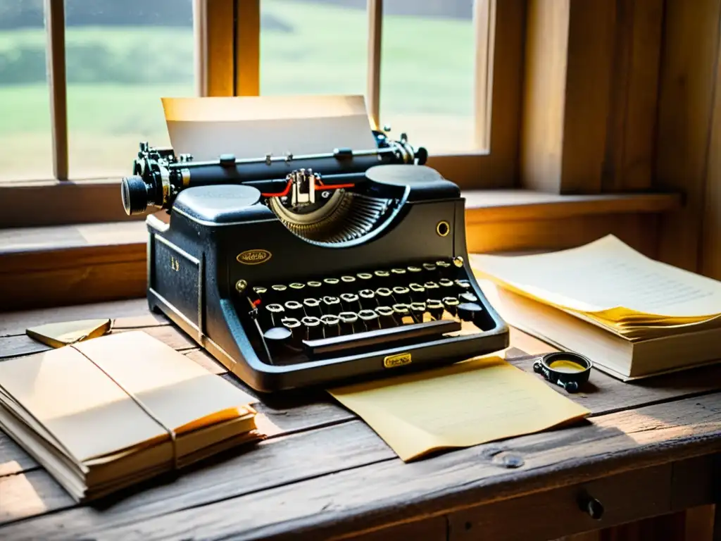 Una escena nostálgica de una vieja máquina de escribir en un escritorio de madera, rodeada de papeles amarillentos y gafas antiguas