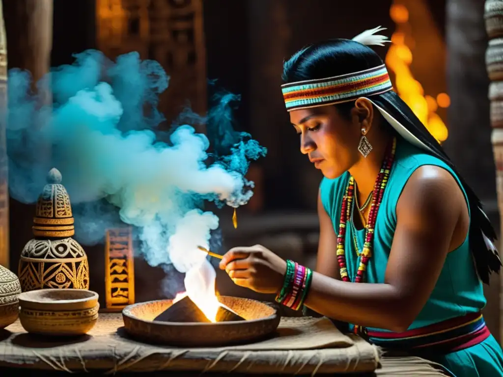 Escena de ritual maya con papel amate en rituales de adivinación, chaman, incienso y reverentes espectadores en templo iluminado por antorchas