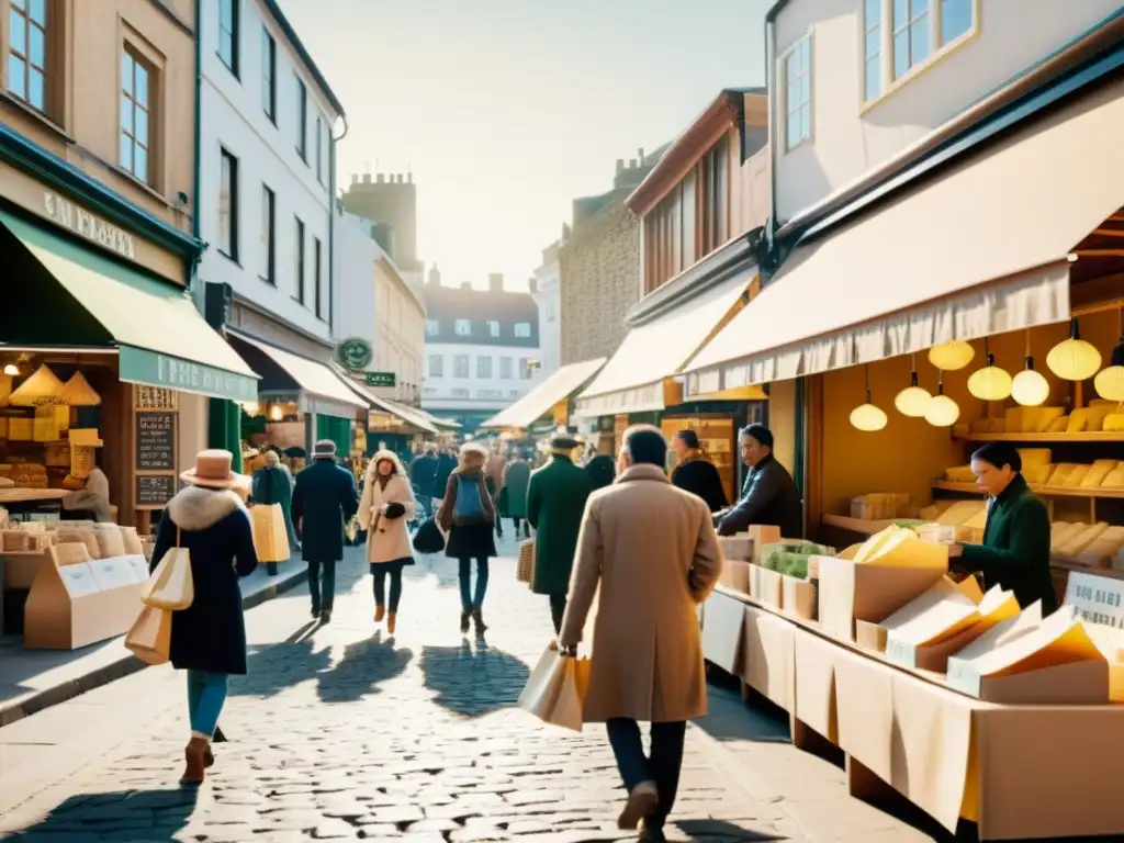 Escena urbana vintage con papel biodegradable de marcas líderes en escaparates y puestos de mercado, evocando conciencia ambiental y éxito comercial