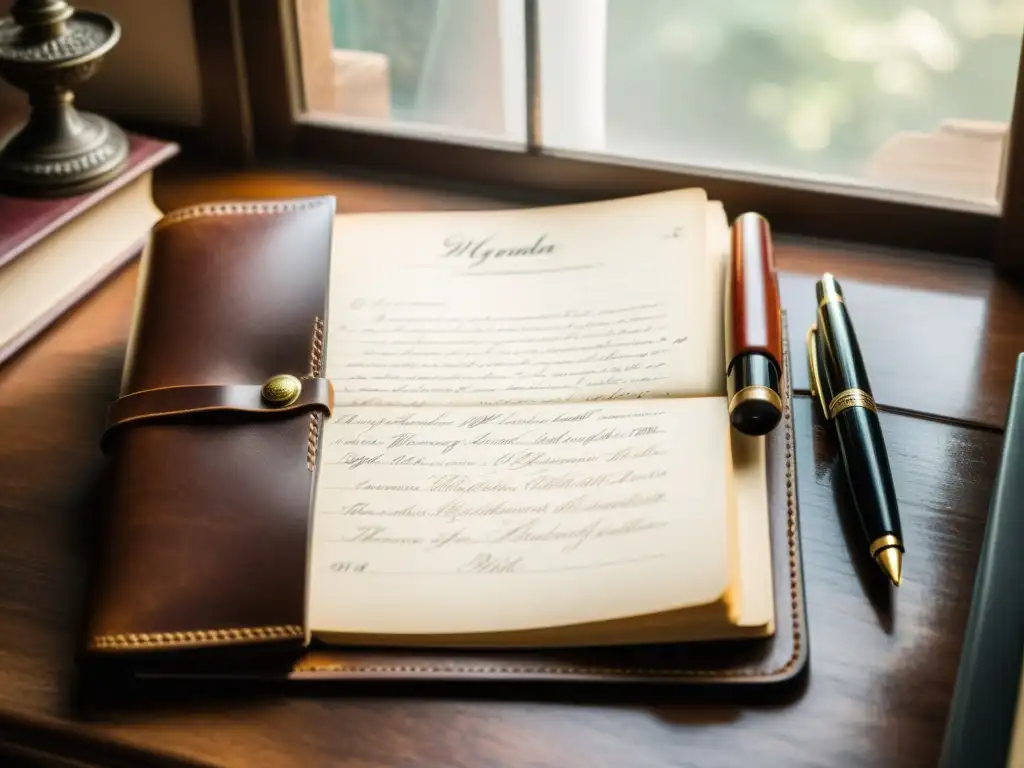 Una escena vintage de una agenda de cuero desgastado, con elegante caligrafía y una pluma estilográfica, sobre un escritorio de madera