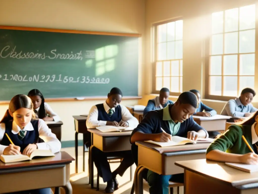 Una escena vintage de aula con estudiantes, profesor y luz del sol