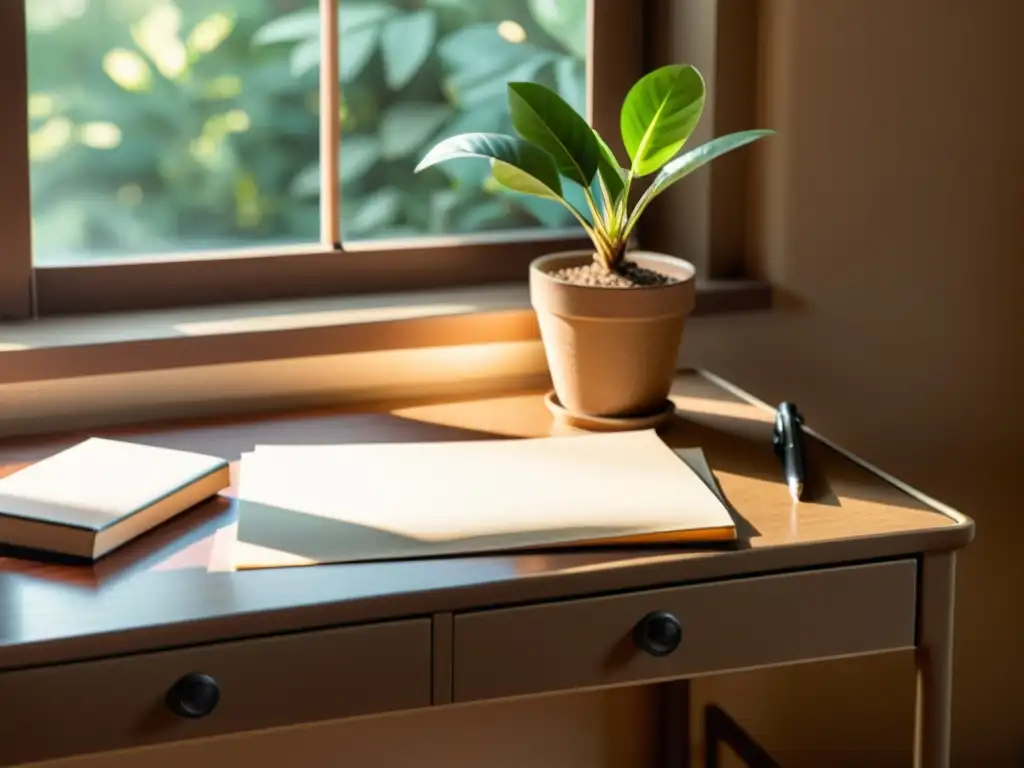 Escena vintage de escritorio con papelería ecológica para empresas, iluminada por luz natural cerca de la ventana