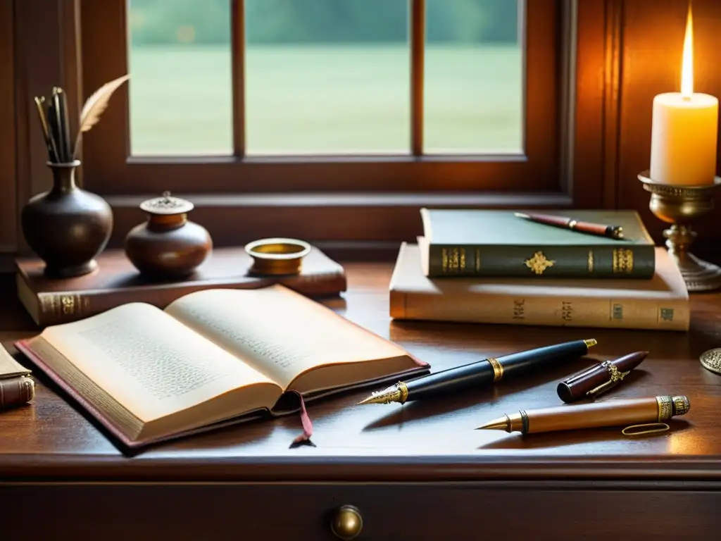 Una escena vintage de un libro desgastado en un escritorio de madera, rodeado de instrumentos de escritura antiguos