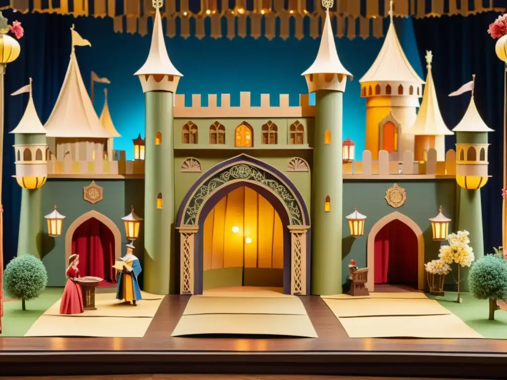 Un escenario teatral vintage con detallados diseños de papel, incluyendo un castillo medieval de papel maché y actores en trajes de época