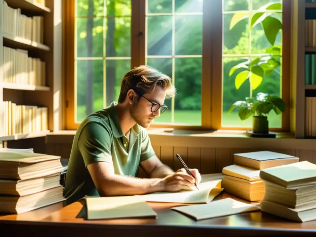 Escritor en su mundo: creatividad y naturaleza Un escritor reflexivo rodeado de papel reciclado, libros antiguos y naturaleza, evocando la conexión entre literatura y ecología