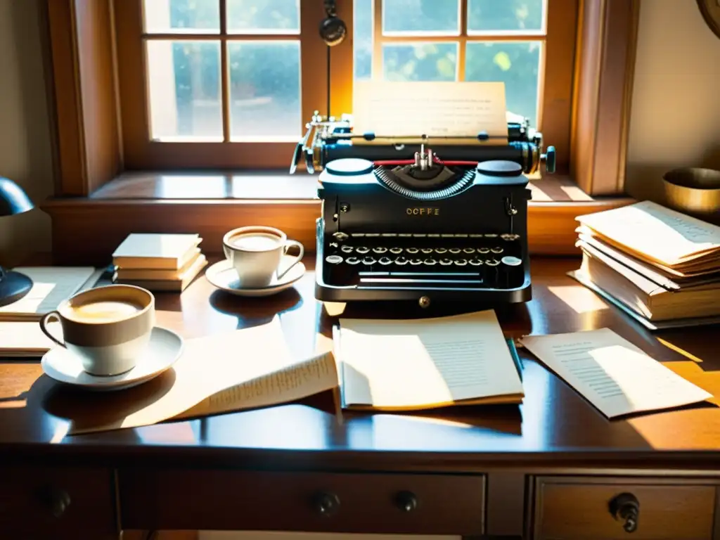 Una fotografía vintage de un escritorio desordenado con una máquina de escribir, montones de papeles antiguos y suministros de oficina antiguos