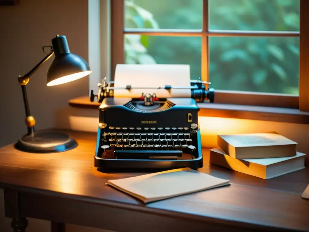 Un escritorio de madera antiguo con una máquina de escribir vintage, pilas de documentos y gafas