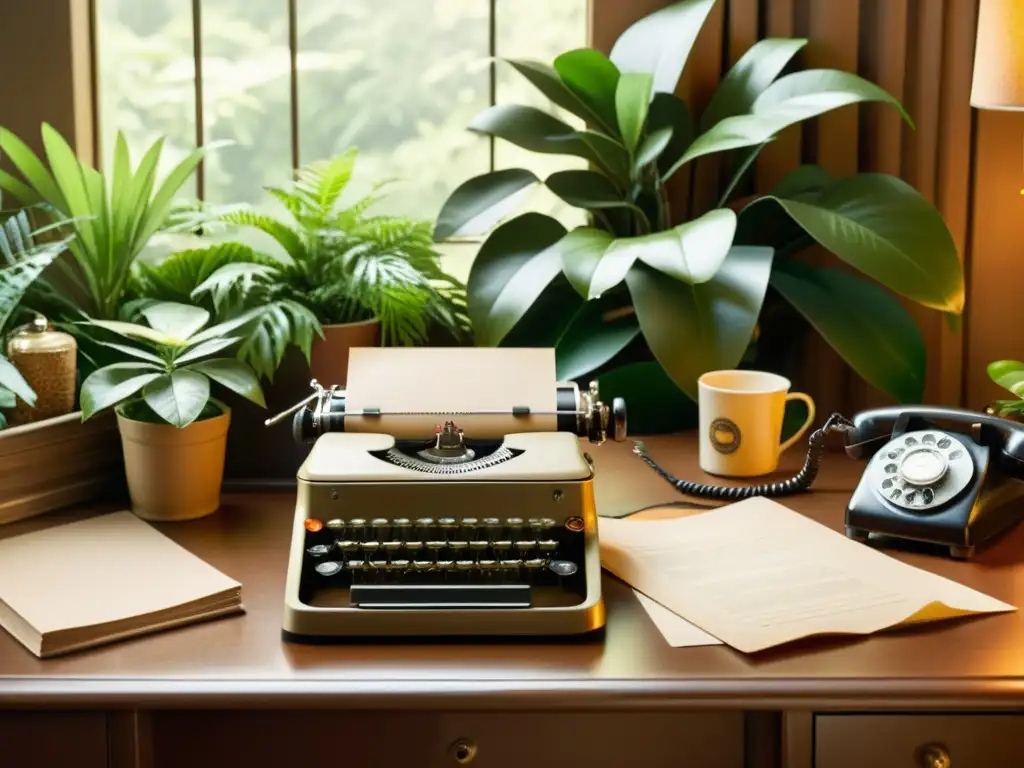 Un escritorio vintage con desorden, máquina de escribir, teléfono antiguo y plantas