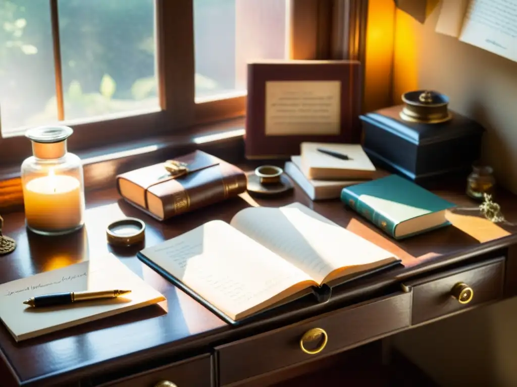 Escritorio vintage con diario de piel, pluma y tintero Un escritorio vintage desordenado con artículos de papelería antigua, como un diario encuadernado en cuero, una pluma de ave y un tintero