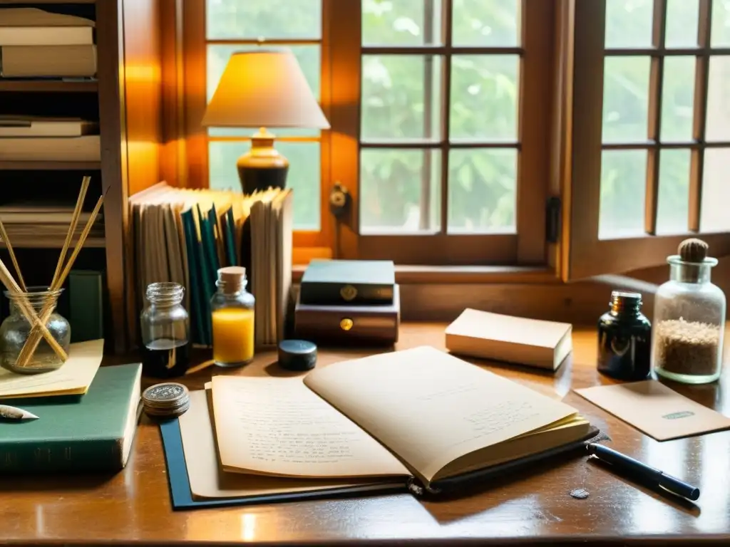 Escritorio vintage con diarios de arte y suministros antiguos Escritorio vintage con diarios de papel, suministros de arte y luz natural cálida