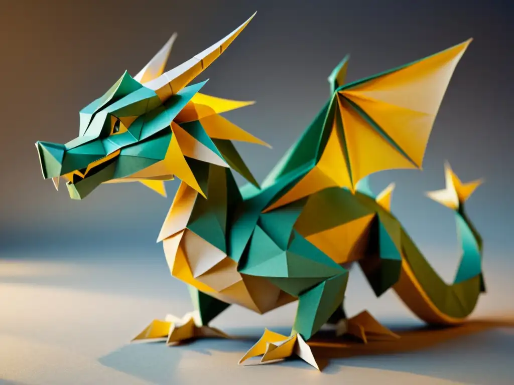 Una escultura de origami animado de un majestuoso dragón, con pliegues e detalles delicados, iluminada por juego de luces y sombras