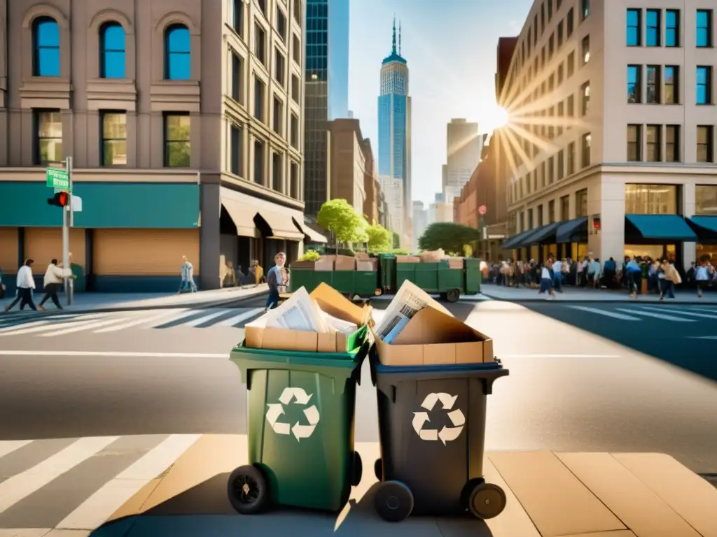 Una esquina de la ciudad bulliciosa con un contenedor rebosante de papel reciclado, gente llevando periódicos y cajas