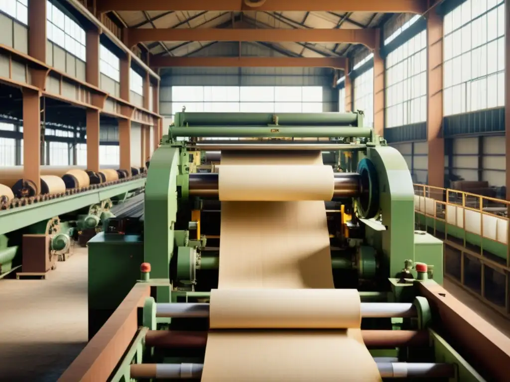 Una fotografía de alta resolución con estilo vintage de un molino de papel tradicional en funcionamiento, capturando la maquinaria intrincada, el proceso artesanal de fabricación de papel y el encanto rústico del entorno