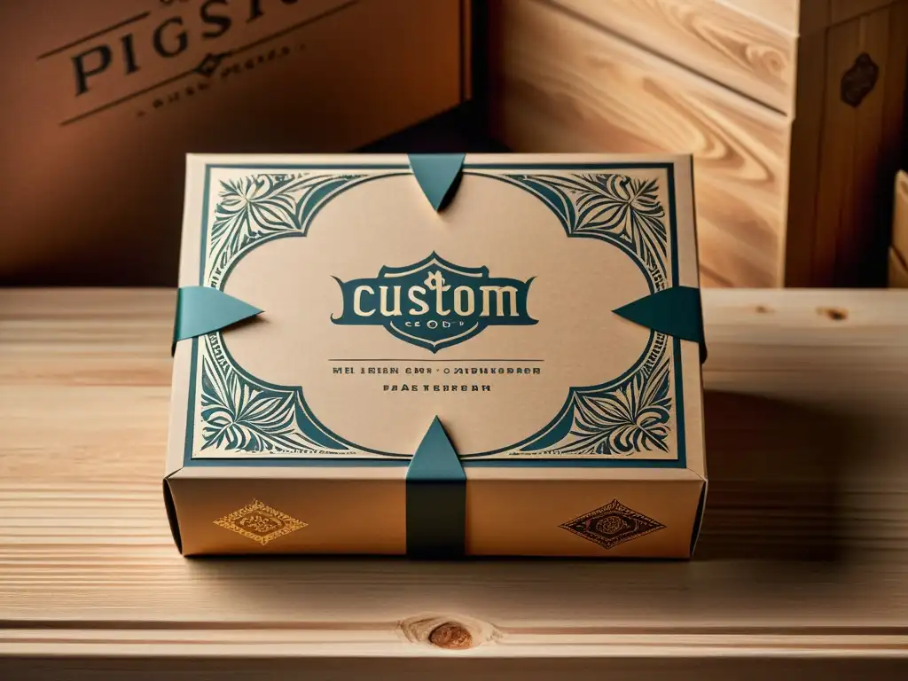 Estrategias de empaques de papel personalizados con diseños elaborados y logotipos en relieve, sobre fondo rústico de madera