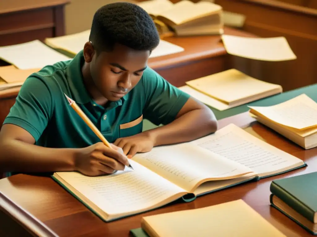 Un estudiante concentrado rodeado de libros y apuntes, evocando nostalgia